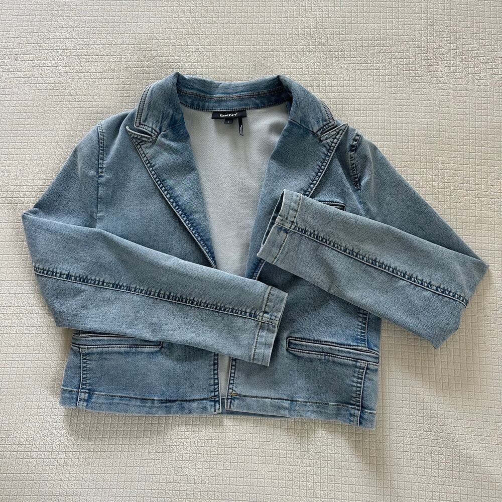 DKNY Women's Denim Blue Crop Blazer Jacket Lightweight Slim Fit Size S
